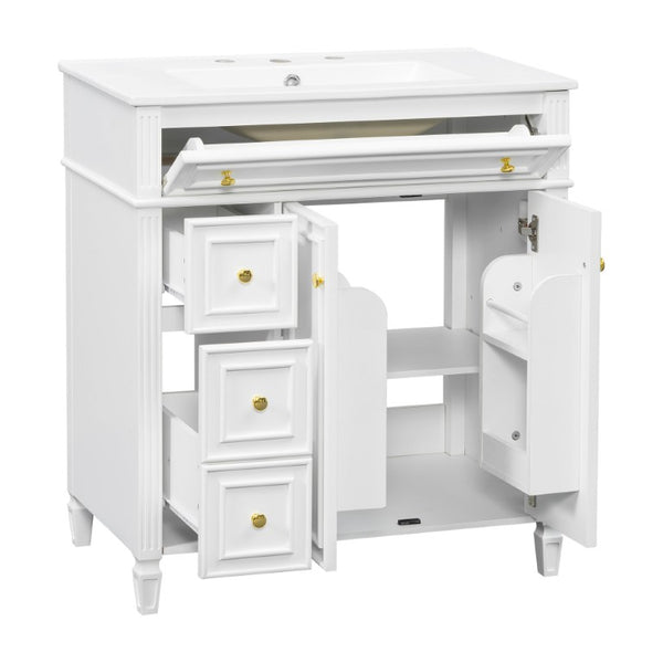 English Elm 30 Inch Freestanding Bathroom Vanity Solid Wood Cabinet Gold Knobs Ceramic Sink White N725P527496K