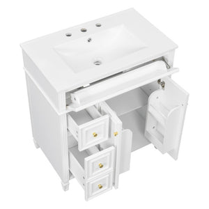 English Elm 30 Inch Freestanding Bathroom Vanity Solid Wood Cabinet Gold Knobs Ceramic Sink White N725P527496K