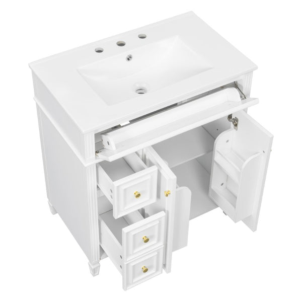 English Elm 30 Inch Freestanding Bathroom Vanity Solid Wood Cabinet Gold Knobs Ceramic Sink White N725P527496K