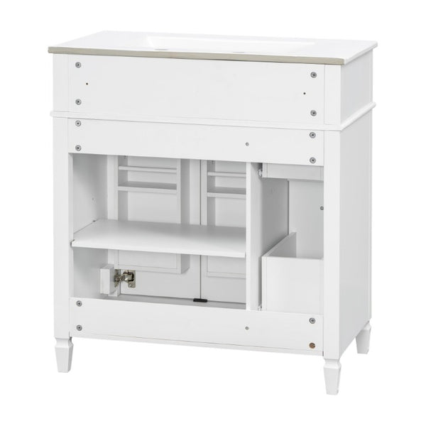 English Elm 30 Inch Freestanding Bathroom Vanity Solid Wood Cabinet Gold Knobs Ceramic Sink White N725P527496K