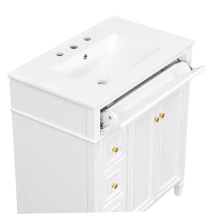 English Elm 30 Inch Freestanding Bathroom Vanity Solid Wood Cabinet Gold Knobs Ceramic Sink White N725P527496K