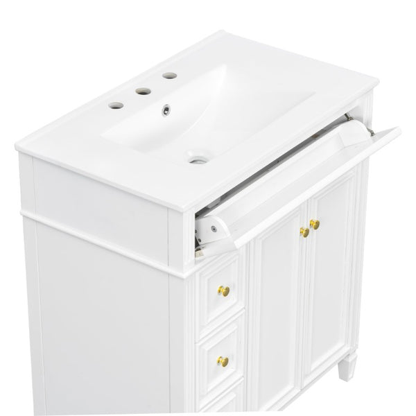 English Elm 30 Inch Freestanding Bathroom Vanity Solid Wood Cabinet Gold Knobs Ceramic Sink White N725P527496K