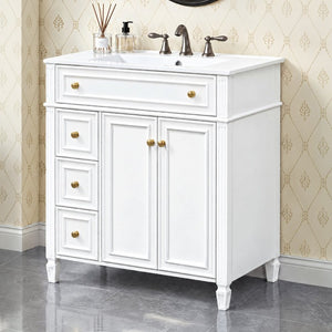 English Elm 30 Inch Freestanding Bathroom Vanity Solid Wood Cabinet Gold Knobs Ceramic Sink White N725P527496K