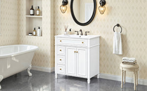 English Elm 30 Inch Freestanding Bathroom Vanity Solid Wood Cabinet Gold Knobs Ceramic Sink White N725P527496K