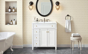 English Elm 30 Inch Freestanding Bathroom Vanity Solid Wood Cabinet Gold Knobs Ceramic Sink White N725P527496K