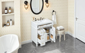 English Elm 30 Inch Freestanding Bathroom Vanity Solid Wood Cabinet Gold Knobs Ceramic Sink White N725P527496K