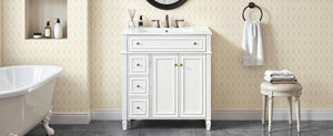 English Elm 30 Inch Freestanding Bathroom Vanity Solid Wood Cabinet Gold Knobs Ceramic Sink White N725P527496K