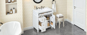 English Elm 30 Inch Freestanding Bathroom Vanity Solid Wood Cabinet Gold Knobs Ceramic Sink White N725P527496K