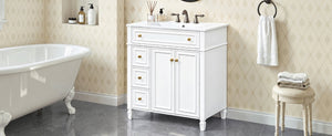 English Elm 30 Inch Freestanding Bathroom Vanity Solid Wood Cabinet Gold Knobs Ceramic Sink White N725P527496K
