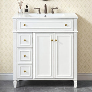 English Elm 30 Inch Freestanding Bathroom Vanity Solid Wood Cabinet Gold Knobs Ceramic Sink White N725P527496K