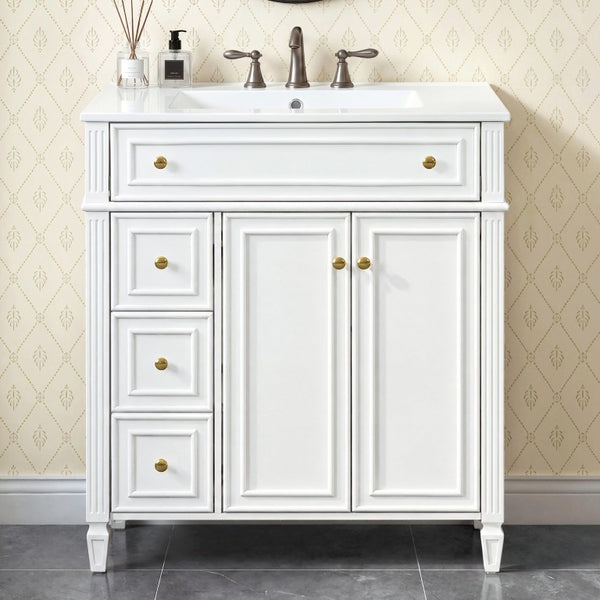 English Elm 30 Inch Freestanding Bathroom Vanity Solid Wood Cabinet Gold Knobs Ceramic Sink White N725P527496K
