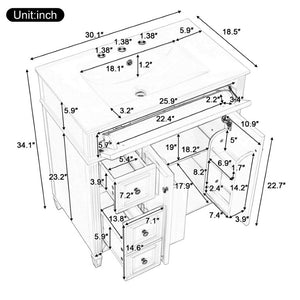 English Elm 30 Inch Freestanding Bathroom Vanity Solid Wood Cabinet Gold Knobs Ceramic Sink White N725P527496K