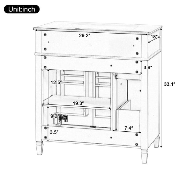 English Elm 30 Inch Freestanding Bathroom Vanity Solid Wood Cabinet Gold Knobs Ceramic Sink White N725P527496K