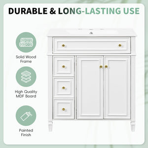 English Elm 30 Inch Freestanding Bathroom Vanity Solid Wood Cabinet Gold Knobs Ceramic Sink White N725P527496K