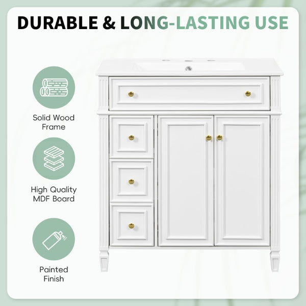 English Elm 30 Inch Freestanding Bathroom Vanity Solid Wood Cabinet Gold Knobs Ceramic Sink White N725P527496K