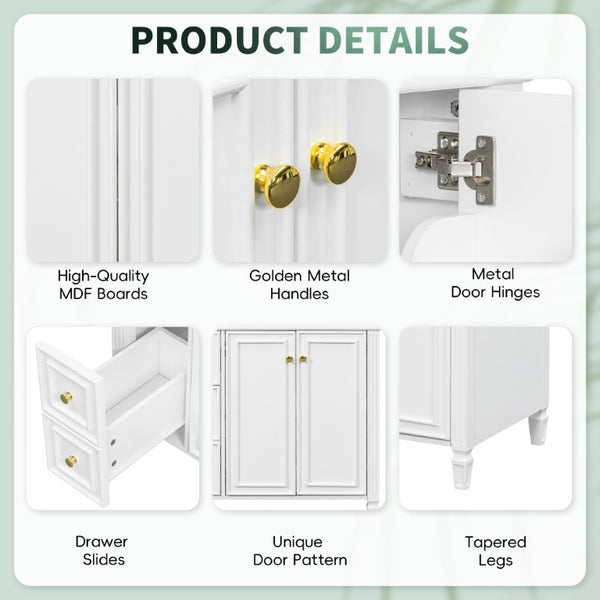 English Elm 30 Inch Freestanding Bathroom Vanity Solid Wood Cabinet Gold Knobs Ceramic Sink White N725P527496K