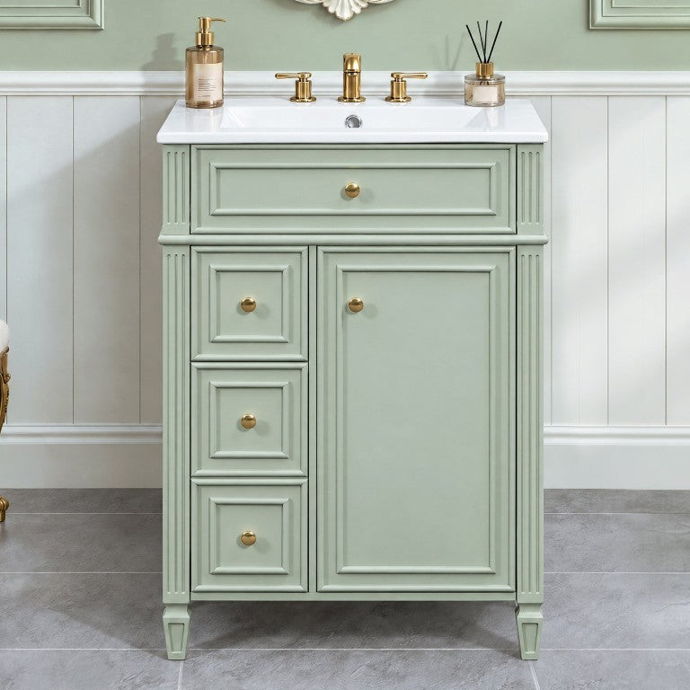 English Elm 24 Inch Green Glossy Bathroom Vanity with Ceramic Sink Gold Hardware Rubberwood Base N725P527499G