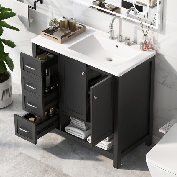 English Elm 36" Freestanding Bathroom Vanity Solid Wood Cabinet with Ceramic Sink and Open Shelf Black N725S364203B