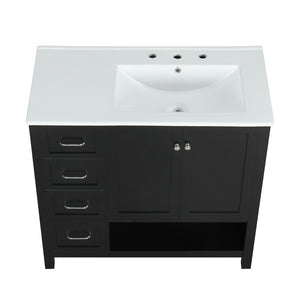English Elm 36" Freestanding Bathroom Vanity Solid Wood Cabinet with Ceramic Sink and Open Shelf Black N725S364203B