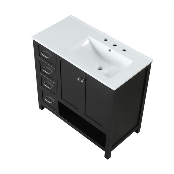 English Elm 36" Freestanding Bathroom Vanity Solid Wood Cabinet with Ceramic Sink and Open Shelf Black N725S364203B