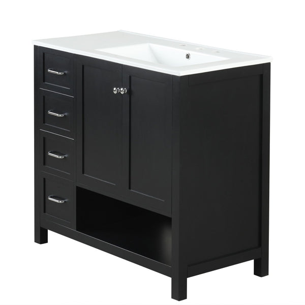 English Elm 36" Freestanding Bathroom Vanity Solid Wood Cabinet with Ceramic Sink and Open Shelf Black N725S364203B