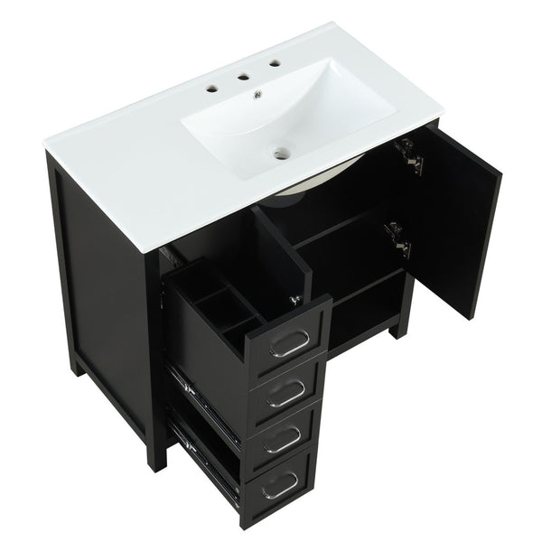English Elm 36" Freestanding Bathroom Vanity Solid Wood Cabinet with Ceramic Sink and Open Shelf Black N725S364203B