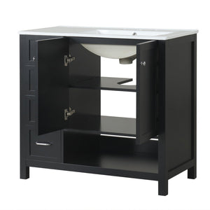English Elm 36" Freestanding Bathroom Vanity Solid Wood Cabinet with Ceramic Sink and Open Shelf Black N725S364203B