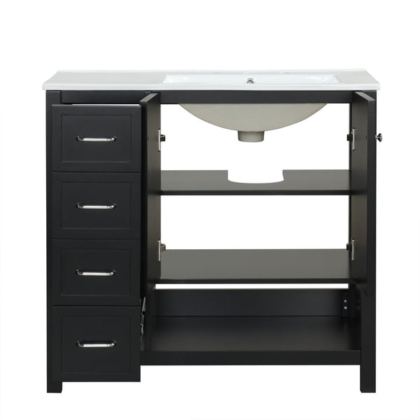 English Elm 36" Freestanding Bathroom Vanity Solid Wood Cabinet with Ceramic Sink and Open Shelf Black N725S364203B