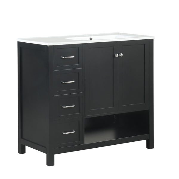 English Elm 36" Freestanding Bathroom Vanity Solid Wood Cabinet with Ceramic Sink and Open Shelf Black N725S364203B