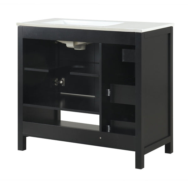 English Elm 36" Freestanding Bathroom Vanity Solid Wood Cabinet with Ceramic Sink and Open Shelf Black N725S364203B