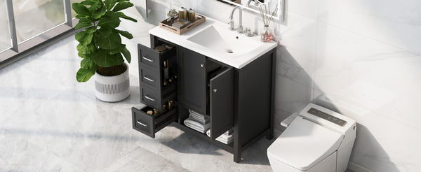 English Elm 36" Freestanding Bathroom Vanity Solid Wood Cabinet with Ceramic Sink and Open Shelf Black N725S364203B