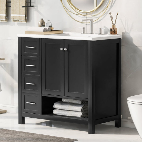 English Elm 36" Freestanding Bathroom Vanity Solid Wood Cabinet with Ceramic Sink and Open Shelf Black N725S364203B