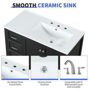 English Elm 36" Freestanding Bathroom Vanity Solid Wood Cabinet with Ceramic Sink and Open Shelf Black N725S364203B
