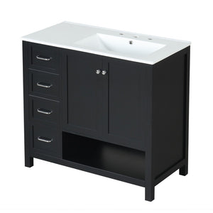 English Elm 36" Freestanding Bathroom Vanity Solid Wood Cabinet with Ceramic Sink and Open Shelf Black N725S364203B