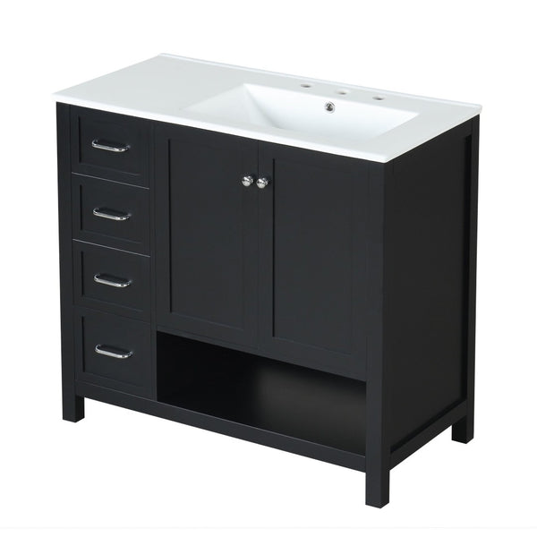 English Elm 36" Freestanding Bathroom Vanity Solid Wood Cabinet with Ceramic Sink and Open Shelf Black N725S364203B