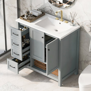 English Elm 36" Freestanding Bathroom Vanity Solid Wood Cabinet with Ceramic Sink and Open Shelf Grey N725S364203E