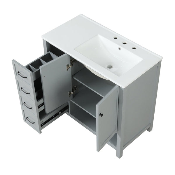 English Elm 36" Freestanding Bathroom Vanity Solid Wood Cabinet with Ceramic Sink and Open Shelf Grey N725S364203E