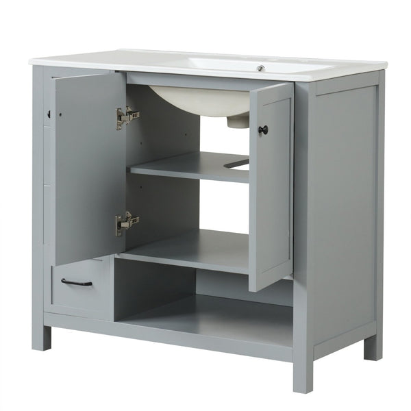 English Elm 36" Freestanding Bathroom Vanity Solid Wood Cabinet with Ceramic Sink and Open Shelf Grey N725S364203E