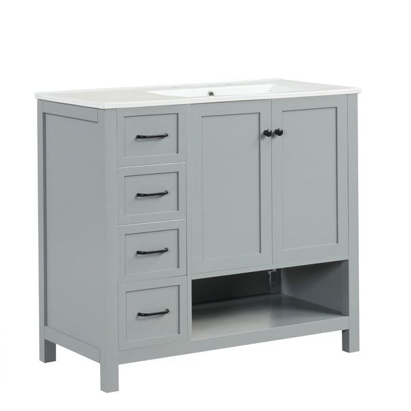 English Elm 36" Freestanding Bathroom Vanity Solid Wood Cabinet with Ceramic Sink and Open Shelf Grey N725S364203E