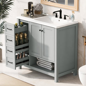 English Elm 36" Freestanding Bathroom Vanity Solid Wood Cabinet with Ceramic Sink and Open Shelf Grey N725S364203E