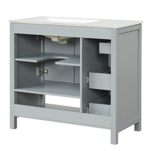 English Elm 36" Freestanding Bathroom Vanity Solid Wood Cabinet with Ceramic Sink and Open Shelf Grey N725S364203E
