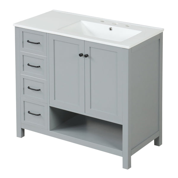 English Elm 36" Freestanding Bathroom Vanity Solid Wood Cabinet with Ceramic Sink and Open Shelf Grey N725S364203E
