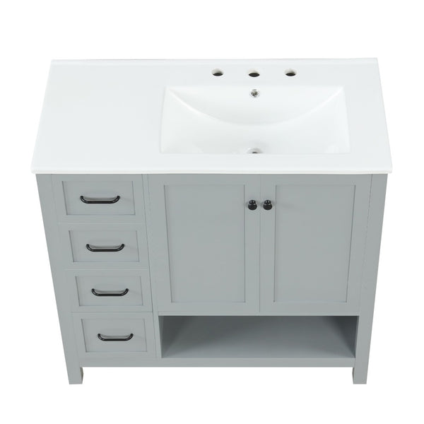 English Elm 36" Freestanding Bathroom Vanity Solid Wood Cabinet with Ceramic Sink and Open Shelf Grey N725S364203E