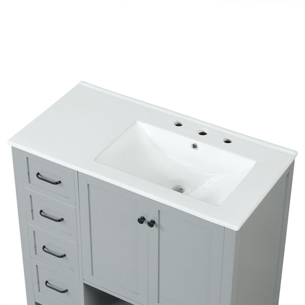 English Elm 36" Freestanding Bathroom Vanity Solid Wood Cabinet with Ceramic Sink and Open Shelf Grey N725S364203E