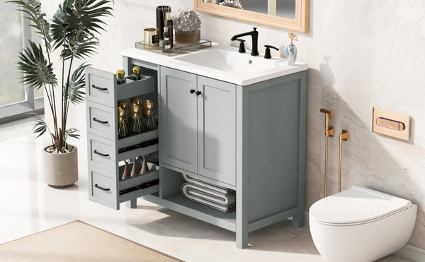 English Elm 36" Freestanding Bathroom Vanity Solid Wood Cabinet with Ceramic Sink and Open Shelf Grey N725S364203E