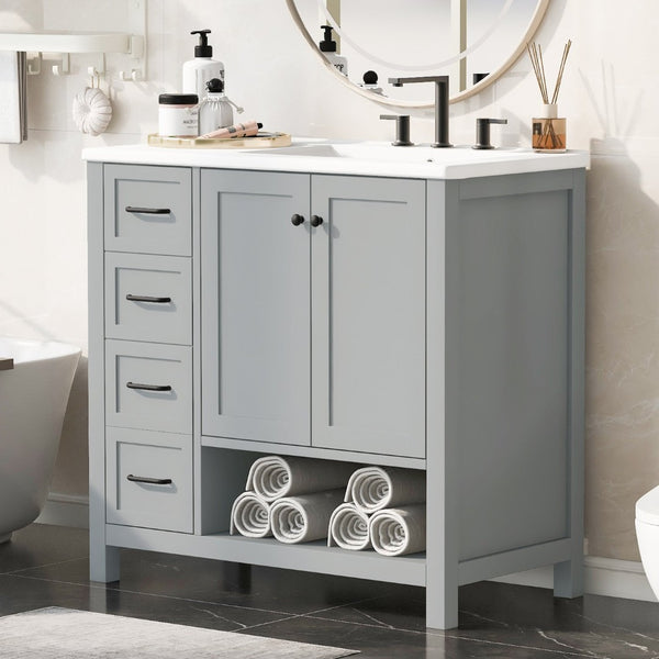 English Elm 36" Freestanding Bathroom Vanity Solid Wood Cabinet with Ceramic Sink and Open Shelf Grey N725S364203E