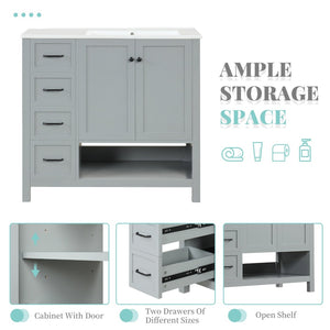 English Elm 36" Freestanding Bathroom Vanity Solid Wood Cabinet with Ceramic Sink and Open Shelf Grey N725S364203E