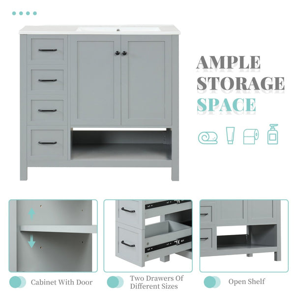 English Elm 36" Freestanding Bathroom Vanity Solid Wood Cabinet with Ceramic Sink and Open Shelf Grey N725S364203E