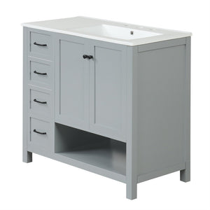 English Elm 36" Freestanding Bathroom Vanity Solid Wood Cabinet with Ceramic Sink and Open Shelf Grey N725S364203E