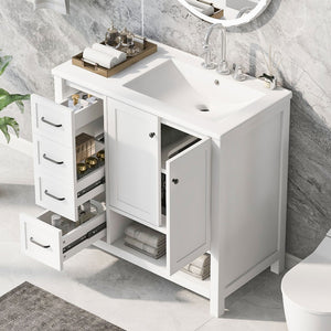 English Elm 36" Freestanding Bathroom Vanity Solid Wood Cabinet with Ceramic Sink and Open Shelf White N725S364203K